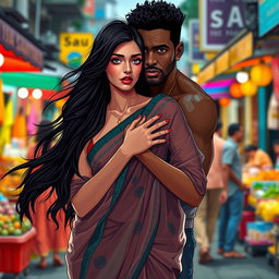 A provocative scene set in a vibrant urban environment, featuring a sexy 24-year-old Arab woman with long flowing black hair, wearing a transparent colorful saree that beautifully drapes around her figure, creating an alluring silhouette