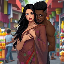 A provocative scene set in a vibrant urban environment, featuring a sexy 24-year-old Arab woman with long flowing black hair, wearing a transparent colorful saree that beautifully drapes around her figure, creating an alluring silhouette