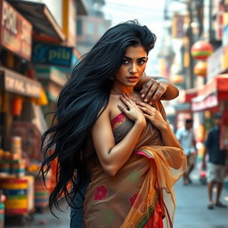 A provocative scene set in a vibrant urban environment, featuring a sexy 24-year-old Arab woman with long flowing black hair, wearing a transparent colorful saree that beautifully drapes around her figure, creating an alluring silhouette