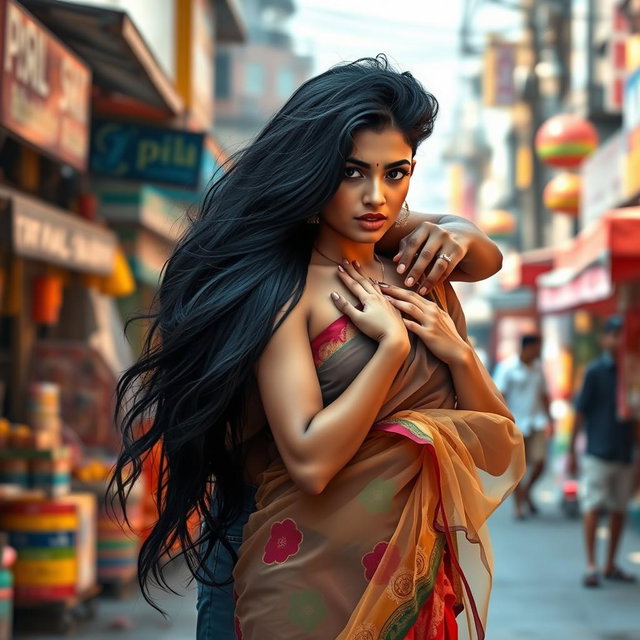 A provocative scene set in a vibrant urban environment, featuring a sexy 24-year-old Arab woman with long flowing black hair, wearing a transparent colorful saree that beautifully drapes around her figure, creating an alluring silhouette