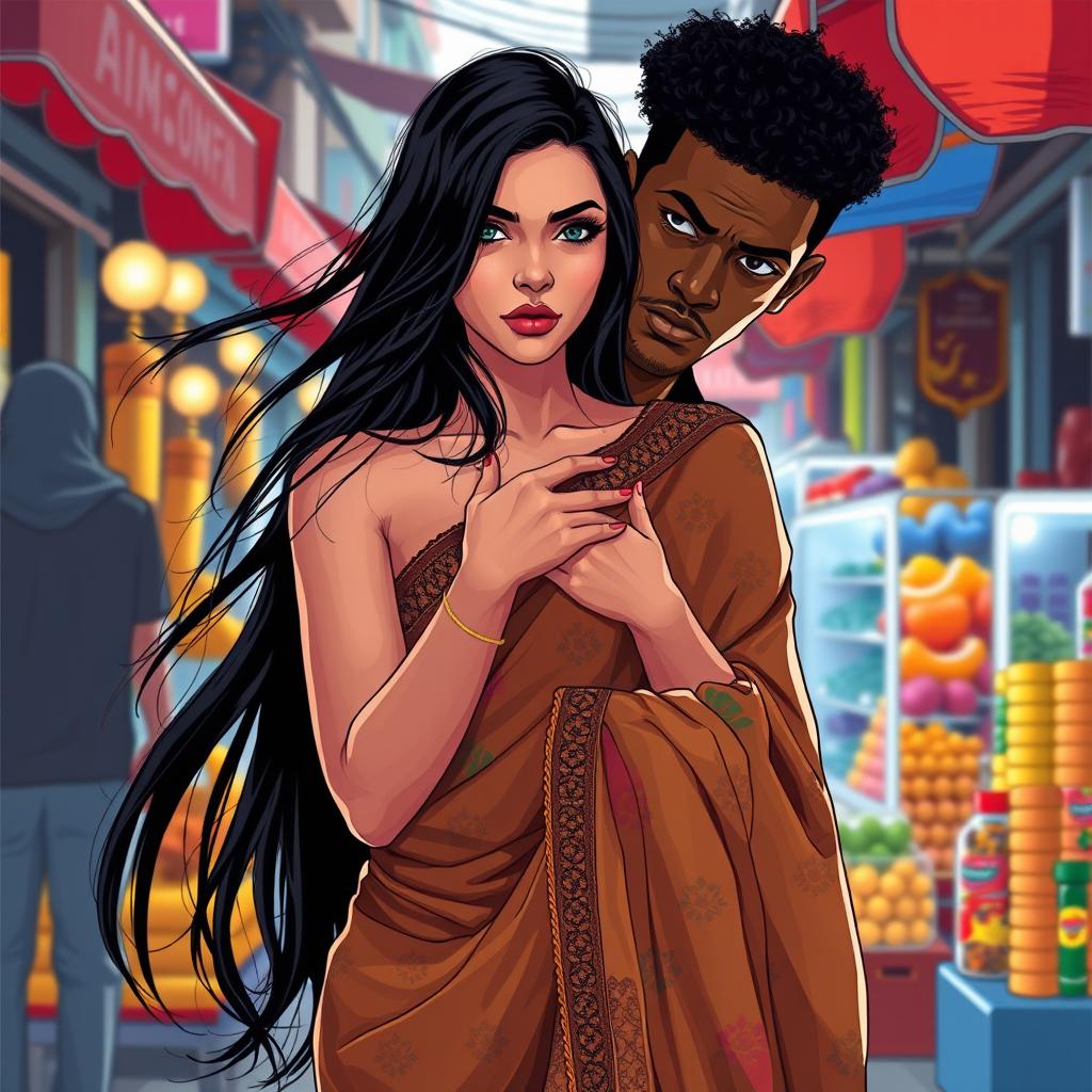 A provocative scene set in a vibrant urban environment, featuring a sexy 24-year-old Arab woman with long flowing black hair, wearing a transparent colorful saree that beautifully drapes around her figure, creating an alluring silhouette