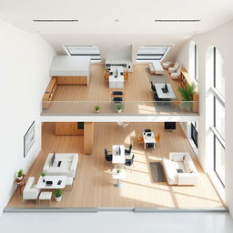 Design a spacious office layout of 10 meters by 15 meters featuring a mezzanine