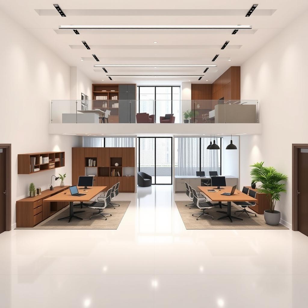 Design a spacious office layout of 10 meters by 15 meters featuring a mezzanine