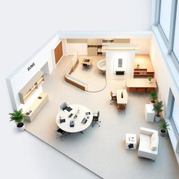 Design a spacious office layout of 10 meters by 15 meters featuring a mezzanine