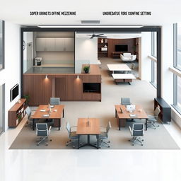 Design a spacious office layout of 10 meters by 15 meters featuring a mezzanine