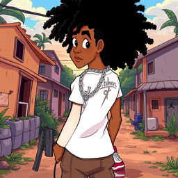 A light-skinned young man with long, dark afro hair and clear eyes