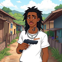 A light-skinned young man with long, dark afro hair and clear eyes