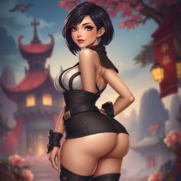 An Asian toned female guild representative with silky, short, styled black hair, dark sweet eyes that shine with charisma, a soft face featuring strong cheekbones and adorable dimples, and a slim thick waist complemented by average-sized breasts