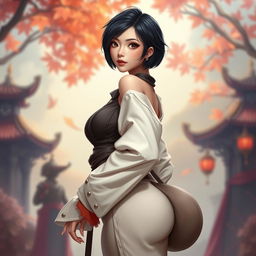 An Asian toned female guild representative with silky, short, styled black hair, dark sweet eyes that shine with charisma, a soft face featuring strong cheekbones and adorable dimples, and a slim thick waist complemented by average-sized breasts
