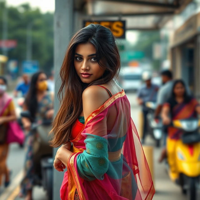 A realistic scene at a bus stop featuring a sexy 24-year-old Arab woman facing the camera, dressed in a transparent colorful saree that highlights her figure and adds a vibrant touch to the environment
