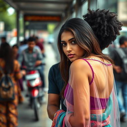 A realistic scene at a bus stop featuring a sexy 24-year-old Arab woman facing the camera, dressed in a transparent colorful saree that highlights her figure and adds a vibrant touch to the environment