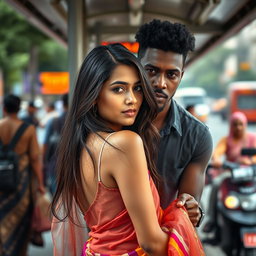 A realistic scene at a bus stop featuring a sexy 24-year-old Arab woman facing the camera, dressed in a transparent colorful saree that highlights her figure and adds a vibrant touch to the environment