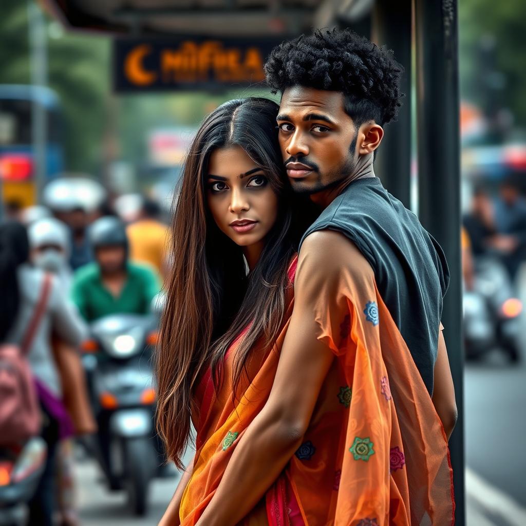 A realistic scene at a bus stop featuring a sexy 24-year-old Arab woman facing the camera, dressed in a transparent colorful saree that highlights her figure and adds a vibrant touch to the environment
