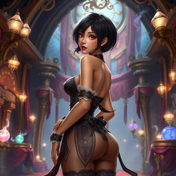 An Asian toned female guild representative with silky black short styled hair, dark sweet eyes, and a soft face featuring strong cheek bones and dimples