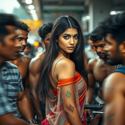 A realistic and dramatic scene set at a busy pit stop, featuring a 24-year-old Arab woman with long dark hair, facing the camera in a transparent colorful saree that clings to her figure, highlighting her beauty