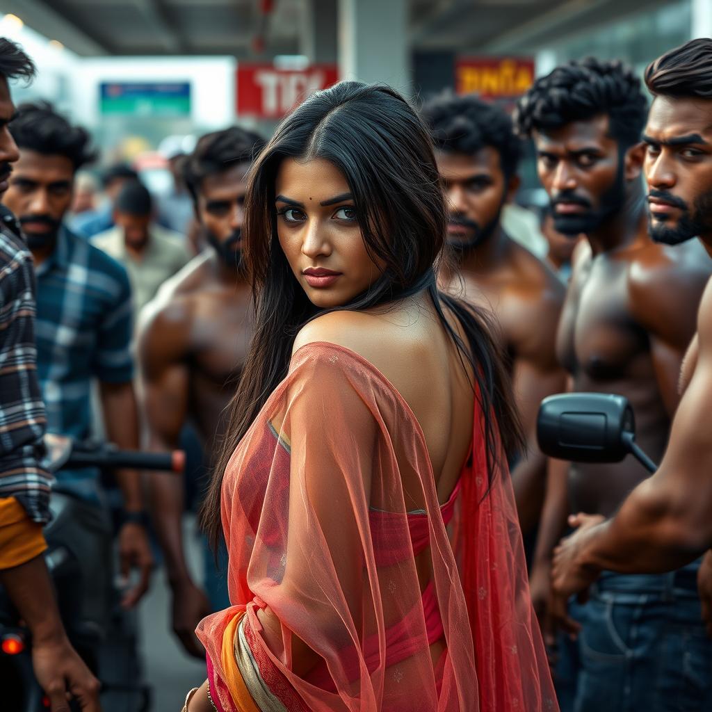 A realistic and dramatic scene set at a busy pit stop, featuring a 24-year-old Arab woman with long dark hair, facing the camera in a transparent colorful saree that clings to her figure, highlighting her beauty