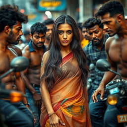 A realistic and dramatic scene set at a busy pit stop, featuring a 24-year-old Arab woman with long dark hair, facing the camera in a transparent colorful saree that clings to her figure, highlighting her beauty