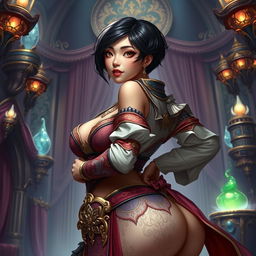 An Asian toned female guild representative with silky black short styled hair, dark sweet eyes, and a soft face featuring strong cheek bones and dimples