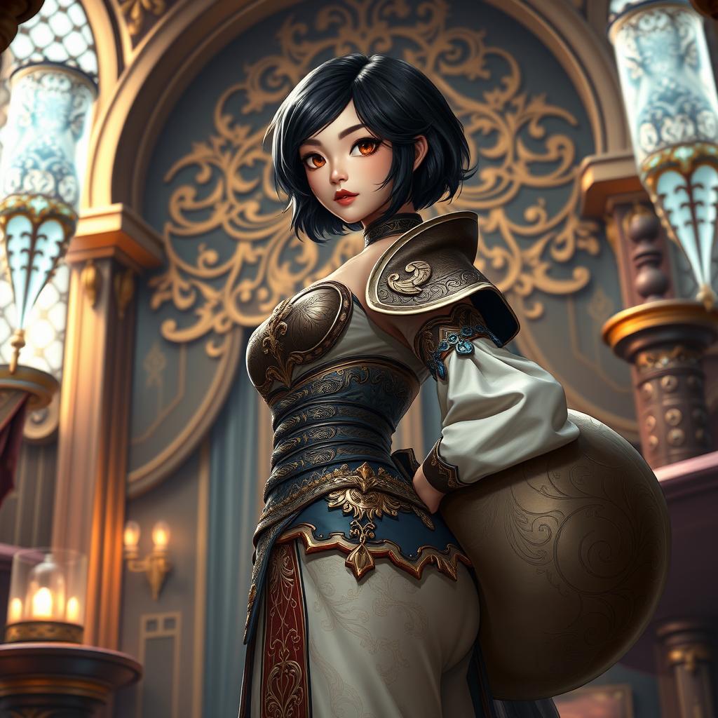 An Asian toned female guild representative with silky black short styled hair, dark sweet eyes, and a soft face featuring strong cheek bones and dimples