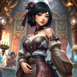 An Asian toned female guild representative with silky black short styled hair, dark sweet eyes, and a soft face featuring strong cheek bones and dimples