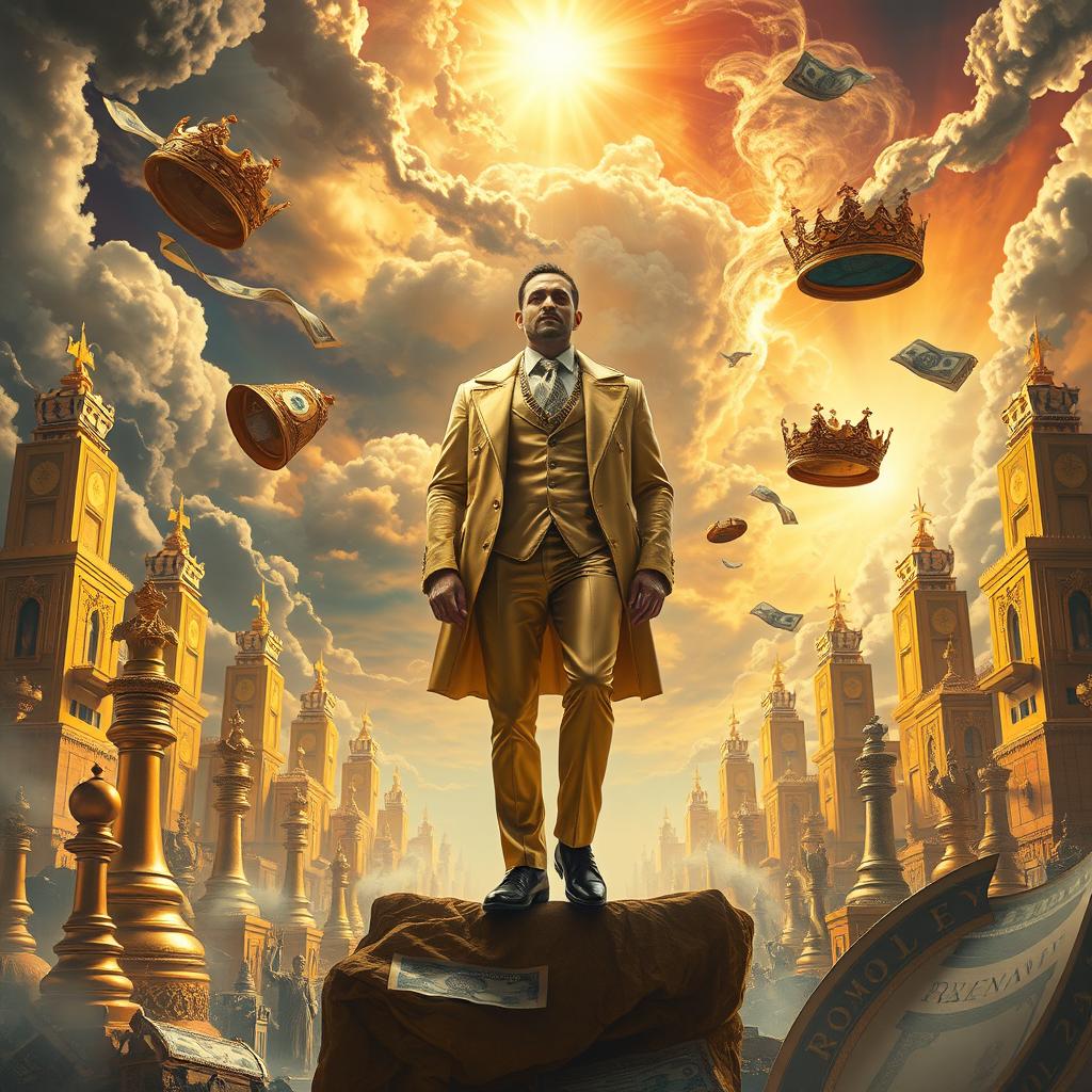 A surreal exploration of megalomania depicted as a grandiose landscape filled with towering, extravagant buildings made of shimmering gold and silver, reaching towards a vivid, dramatic sky