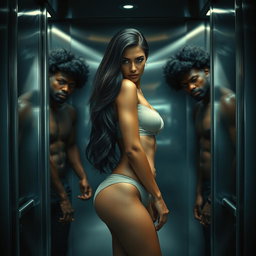 A realistic scene set inside a modern elevator, featuring a 24-year-old Arab woman with long, lustrous dark hair, facing the camera in a transparent bikini that accentuates her figure