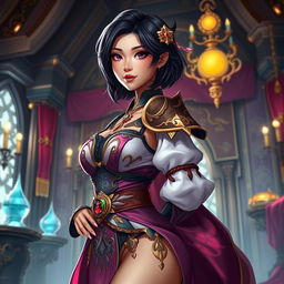 An Asian toned female guild representative with silky black short styled hair, dark sweet eyes, and a soft face featuring strong cheek bones and dimples