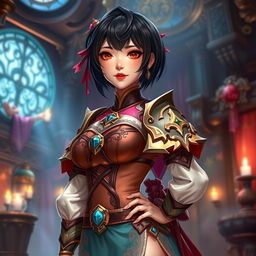 An Asian toned female guild representative with silky black short styled hair, dark sweet eyes, and a soft face featuring strong cheek bones and dimples