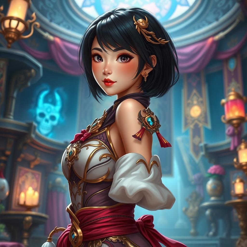 An Asian toned female guild representative with silky black short styled hair, dark sweet eyes, and a soft face featuring strong cheek bones and dimples