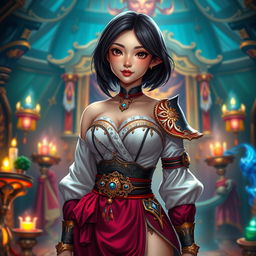 An Asian toned female guild representative with silky black short styled hair, dark sweet eyes, and a soft face featuring strong cheek bones and dimples