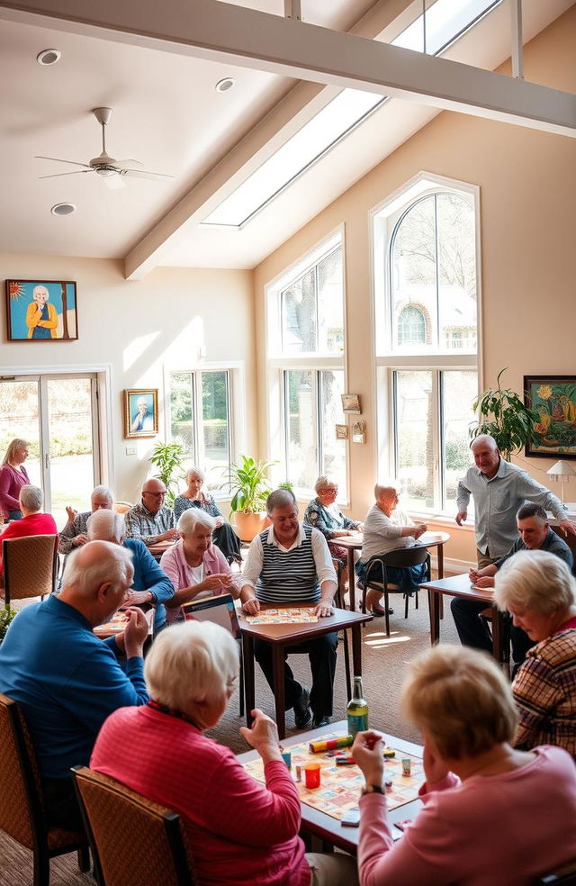 A vibrant community center scene showcasing elderly people engaged in lively social interactions