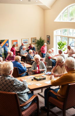 A vibrant community center scene showcasing elderly people engaged in lively social interactions