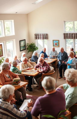A vibrant community center scene showcasing elderly people engaged in lively social interactions
