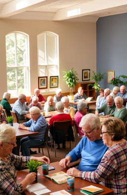 A vibrant community center scene showcasing elderly people engaged in lively social interactions