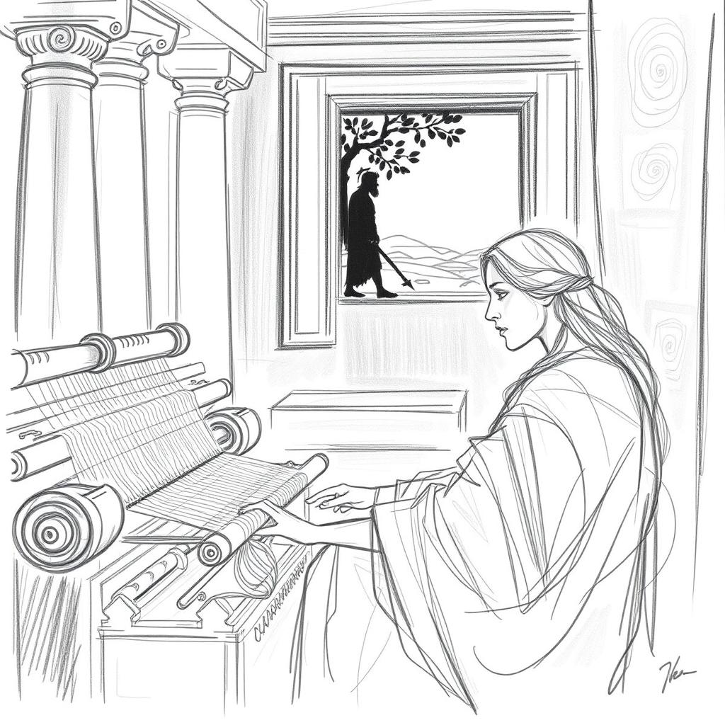 A digital art sketch depicting a scene inspired by Odysseus and Penelope
