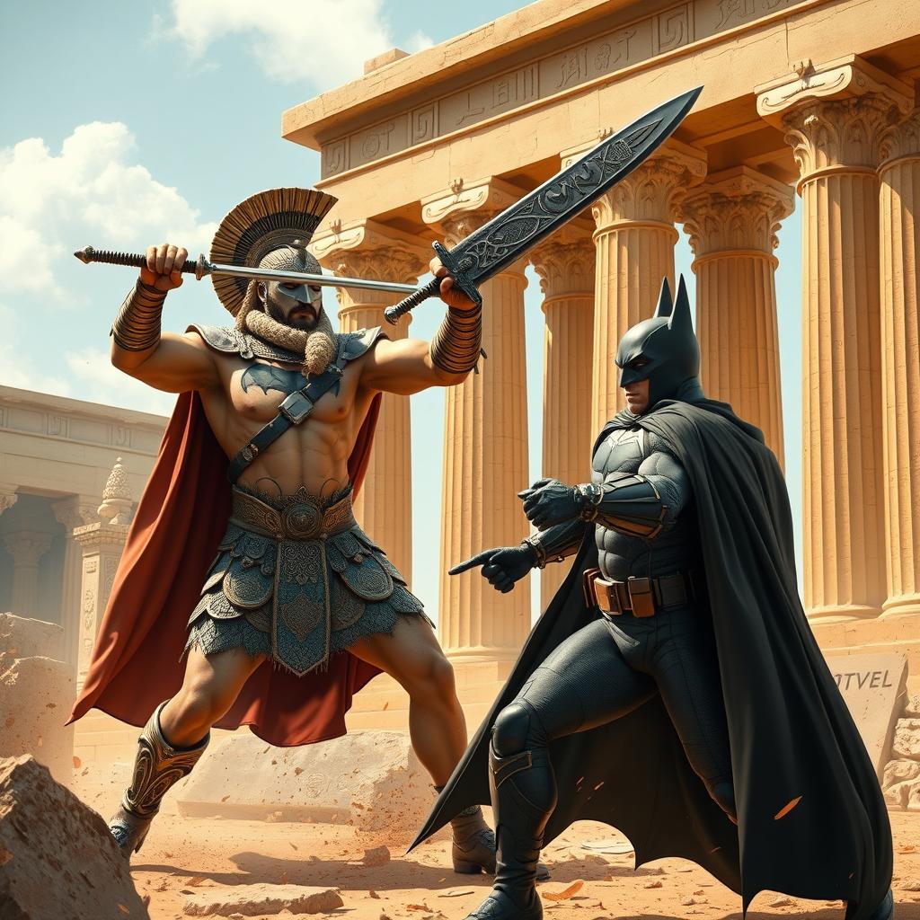 A dynamic and intense scene of a legendary battle between Cyrus the Great and Batman, set in the ancient city of Persepolis