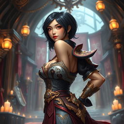 An Asian toned female guild representative with silky black short styled hair, dark sweet eyes, and a soft face featuring strong cheek bones and charming dimples