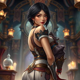 An Asian toned female guild representative with silky black short styled hair, dark sweet eyes, and a soft face featuring strong cheek bones and charming dimples