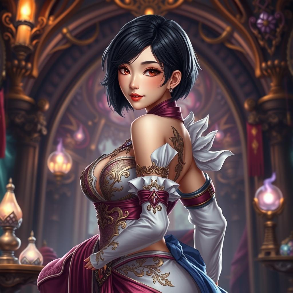 An Asian toned female guild representative with silky black short styled hair, dark sweet eyes, and a soft face featuring strong cheek bones and charming dimples