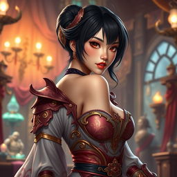 An Asian toned female guild representative with silky black short styled hair, dark sweet eyes, and a soft face featuring strong cheek bones and charming dimples