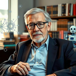 A portrait of John McCarthy, the father of artificial intelligence, depicted as an older gentleman with glasses, short gray hair, wearing a smart casual outfit in a relaxed pose, surrounded by symbols of AI like neural networks and robots