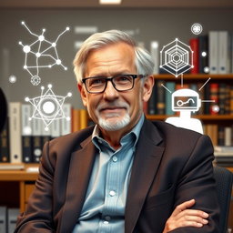 A portrait of John McCarthy, the father of artificial intelligence, depicted as an older gentleman with glasses, short gray hair, wearing a smart casual outfit in a relaxed pose, surrounded by symbols of AI like neural networks and robots
