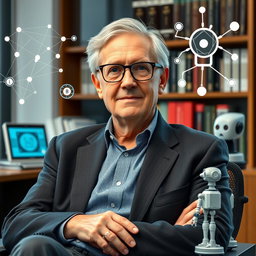 A portrait of John McCarthy, the father of artificial intelligence, depicted as an older gentleman with glasses, short gray hair, wearing a smart casual outfit in a relaxed pose, surrounded by symbols of AI like neural networks and robots