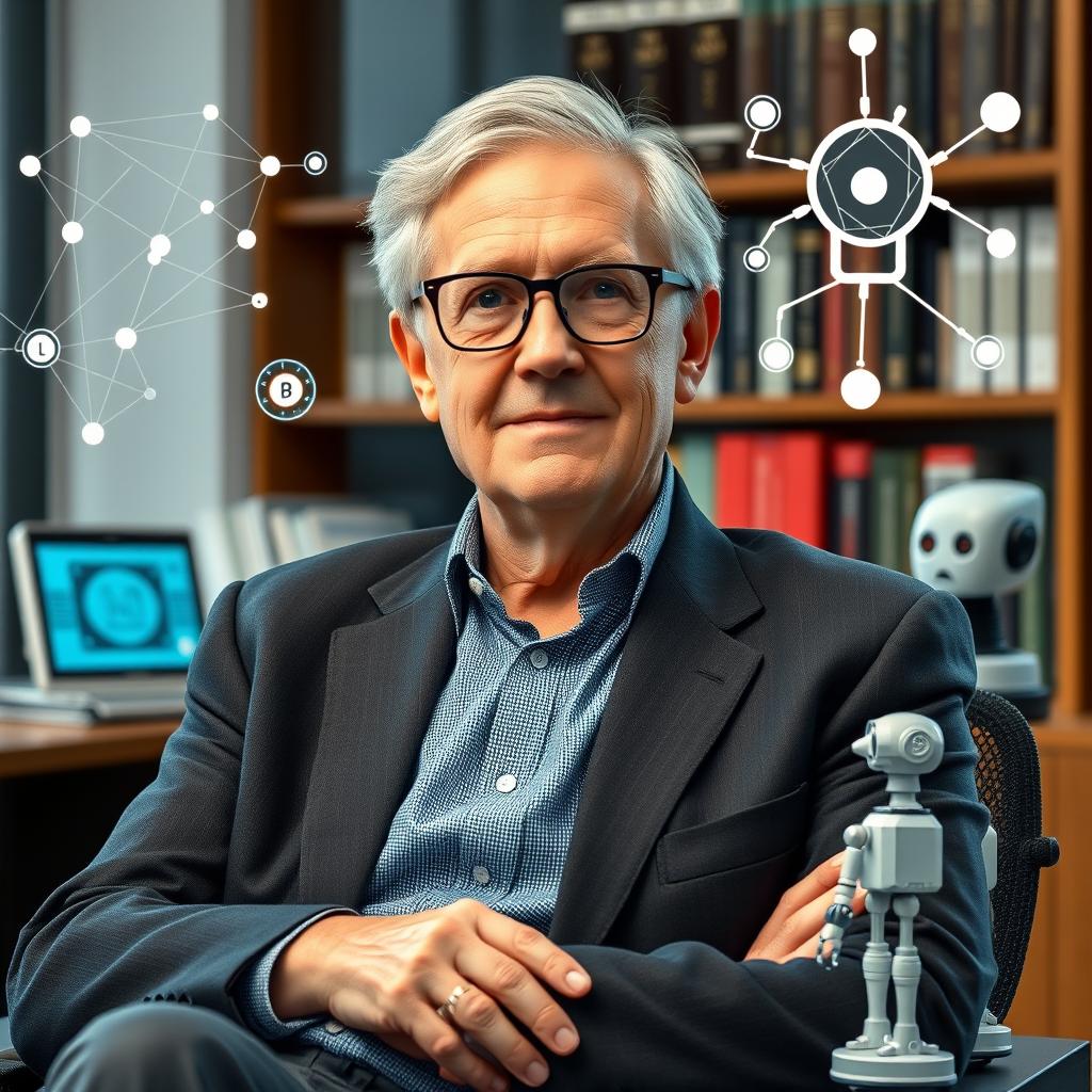 A portrait of John McCarthy, the father of artificial intelligence, depicted as an older gentleman with glasses, short gray hair, wearing a smart casual outfit in a relaxed pose, surrounded by symbols of AI like neural networks and robots