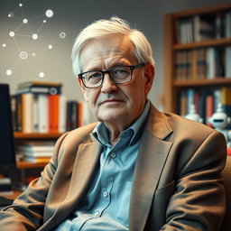 A portrait of John McCarthy, the father of artificial intelligence, depicted as an older gentleman with glasses, short gray hair, wearing a smart casual outfit in a relaxed pose, surrounded by symbols of AI like neural networks and robots