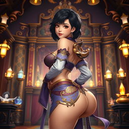 A full-body depiction of an Asian toned female guild representative with silky black short styled hair, dark sweet eyes, and a soft face featuring strong cheek bones and charming dimples