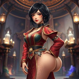 A full-body depiction of an Asian toned female guild representative with silky black short styled hair, dark sweet eyes, and a soft face featuring strong cheek bones and charming dimples