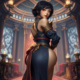 A full-body depiction of an Asian toned female guild representative with silky black short styled hair, dark sweet eyes, and a soft face featuring strong cheek bones and charming dimples