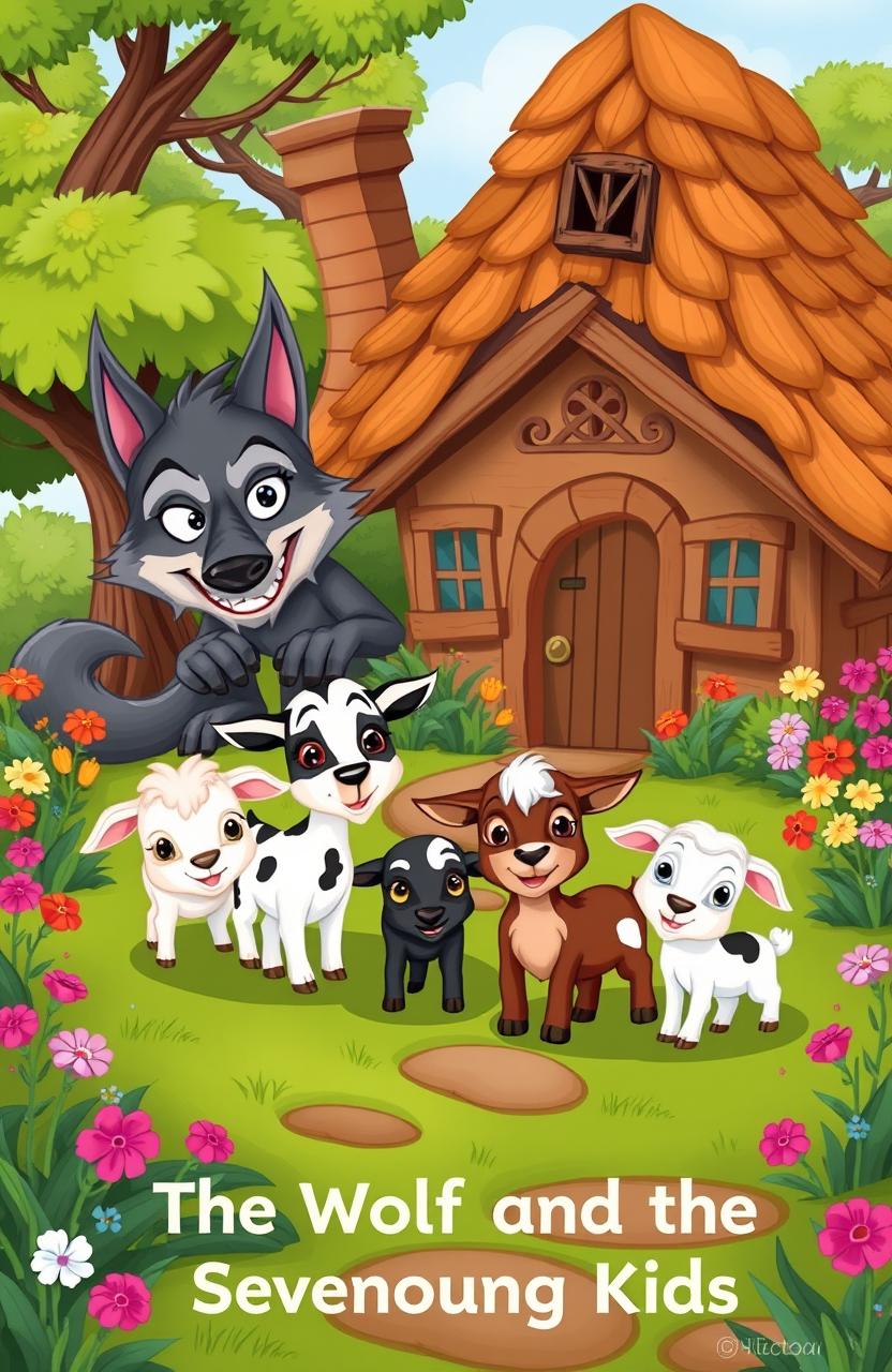 A whimsical illustration depicting the story of "The Wolf and the Seven Young Kids