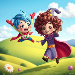 A whimsical and playful scene featuring two animated children, each with unique cartoonish features